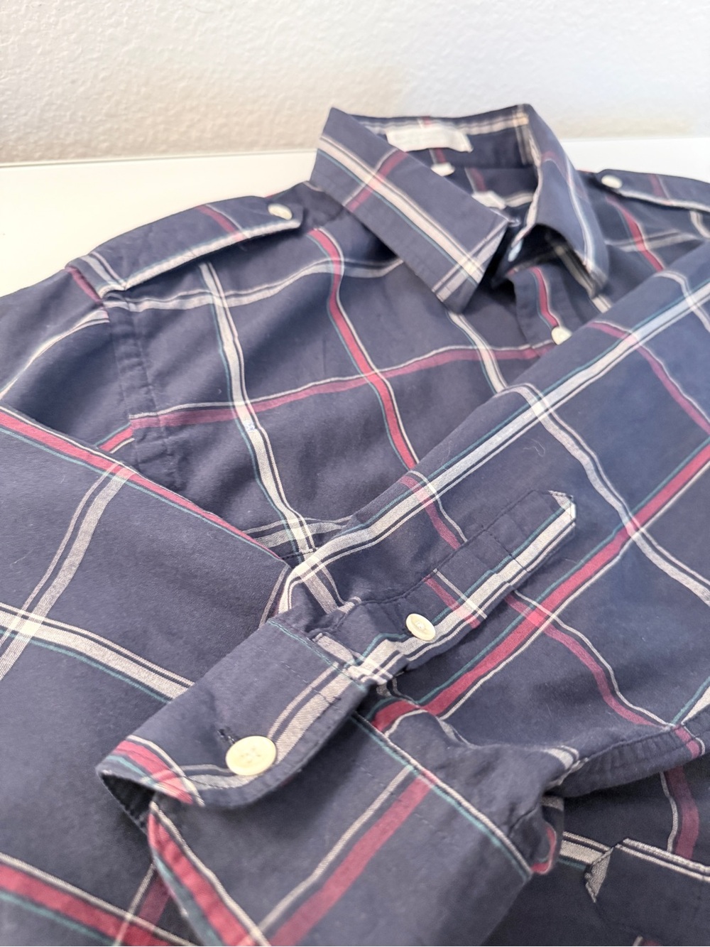 Vintage Christian Dior Plaid Epaulet Button Down Shirt Navy Men’s M - Picture 6 of 9
